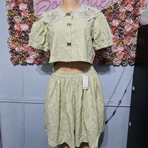 Embroidered Pale Green Cotton Skirt Set with Peter Pan Collar